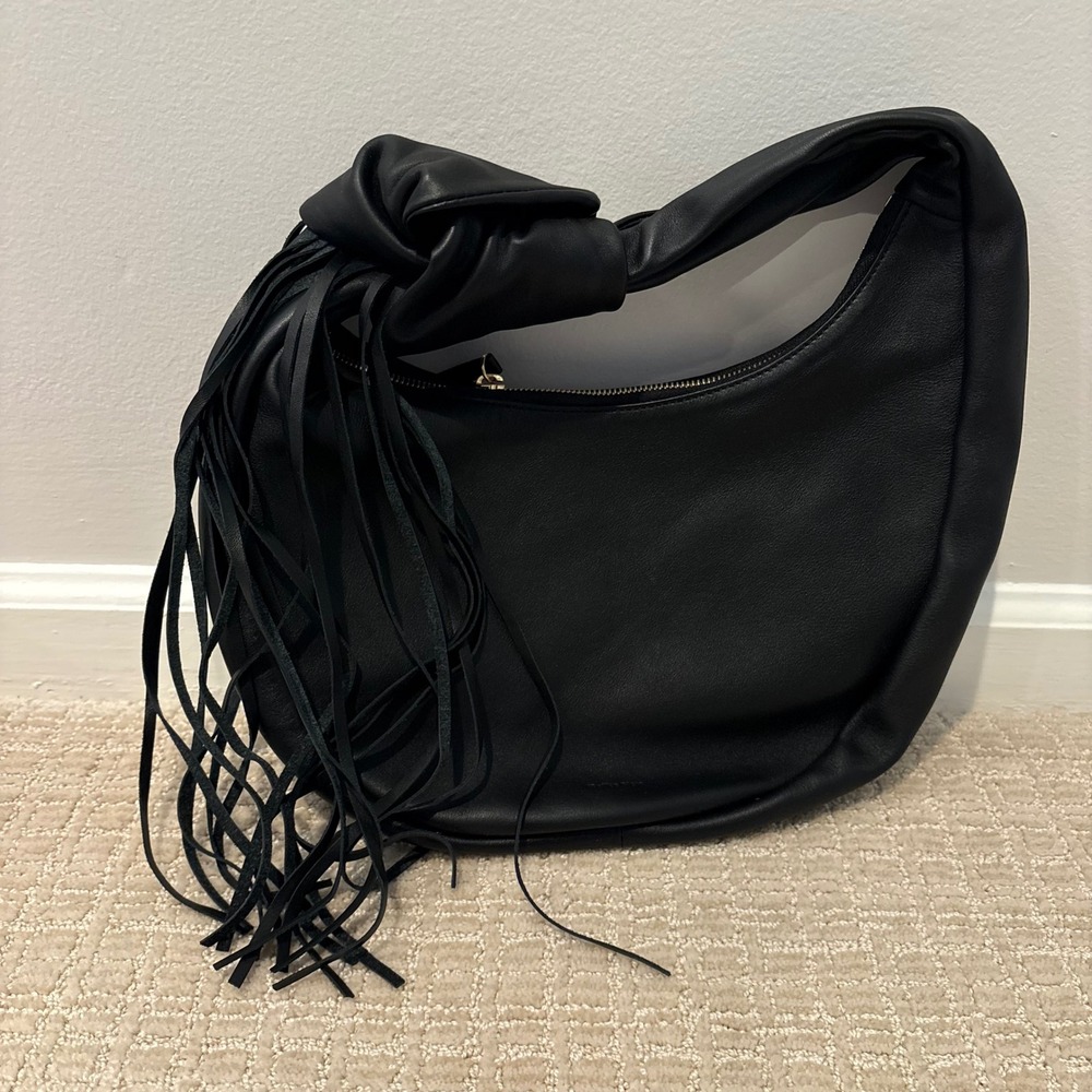 REIKE‎ NEN Women's Black Leather Tasseled Knot Detail Handle Strap Handbag Purse